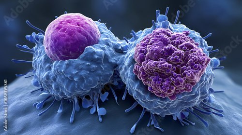 Two white blood cells interacting, one showing signs of irregular growth, possibly representing a cancerous or diseased cell in a microscopic view