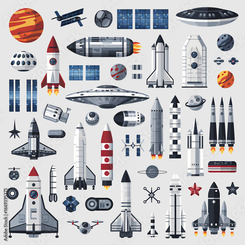 Explore the cosmos with these vibrant space rockets, planets, and futuristic spacecraft designs
