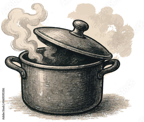 Vintage illustration of a steaming cooking pot with a slightly open lid and smoke on a white background