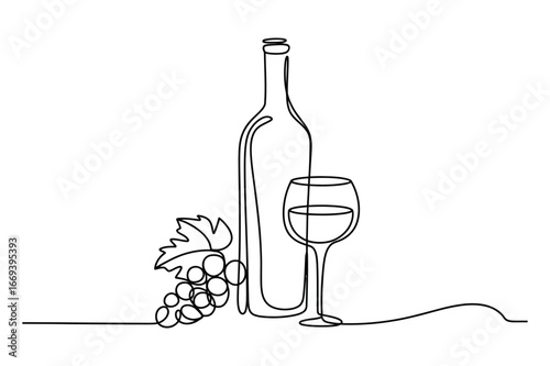 Elegant continuous line drawing of a wine bottle glass and grapes symbolizing a classic beverage and vineyard harvest