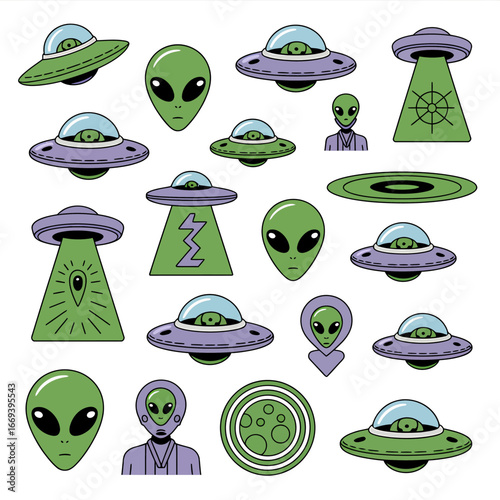 Retro alien invasion illustrations for space-themed designs, perfect for commercial projects
