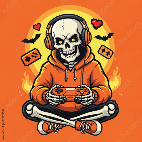 A skeleton wearing headphones and an orange hoodie plays a video game with a controller, surrounded by pixelated hearts, bats, and flames.