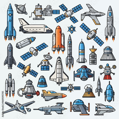 Dynamic space exploration collection featuring rockets, shuttles, and satellites perfect for futuristic design
