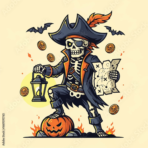 A cartoon skeleton pirate holding a glowing lantern and a treasure map, standing on a pumpkin surrounded by bats, gold coins, and small flames.