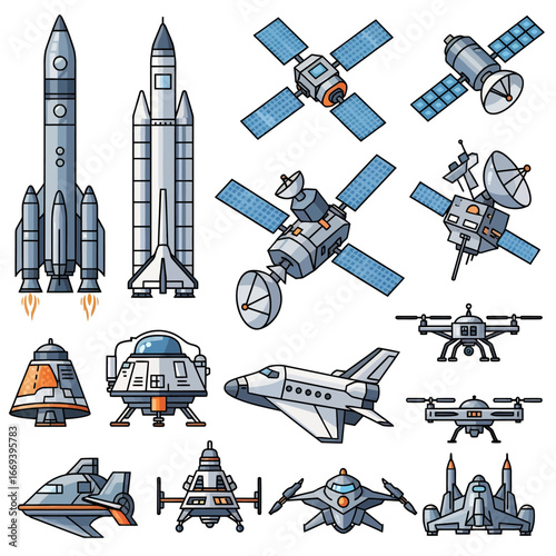 Explore space with rockets, satellites, and spacecraft perfect for futuristic projects
