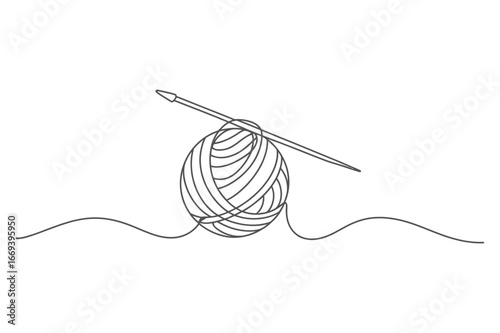 Simple line drawing of a skein of yarn with a crochet hook and loose strands on a white background