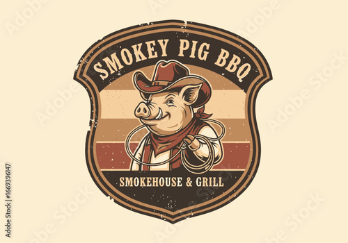 A vintage-style logo for Smokey Pig BBQ Smokehouse & Grill featuring a cartoon pig in a cowboy hat and bandana.