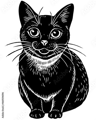 Charming black cat with wide, curious eyes sits attentively, perfect for pet lovers and graphic designs