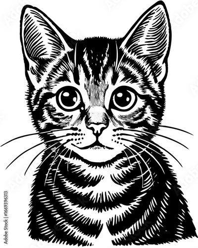 Captivating tabby kitten portrait with wide, curious eyes and detailed fur texture, perfect for pet lovers.