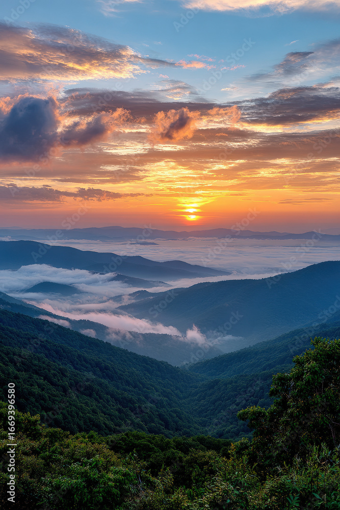 Fototapeta premium breathtaking sunrise over majestic mountains where soft golden rays gently illuminate peaks