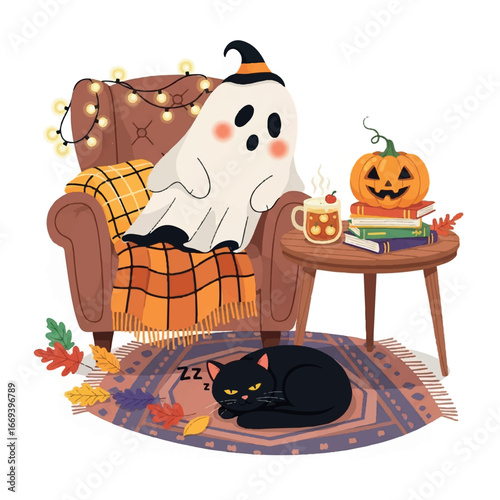Cozy Halloween scene with cute ghost in witch hat black cat pumpkin and books.