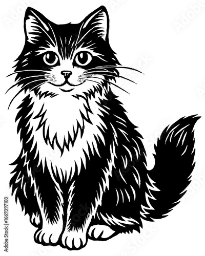 Charming fluffy black and white cat sits looking forward with bright eyes, a delightful pet illustration.