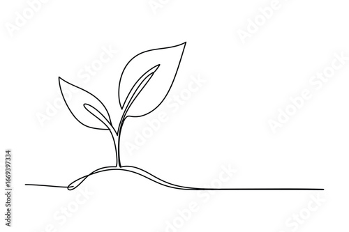 Minimalist single line drawing of a delicate green seedling sprouting from fertile soil representing growth and new beginnings