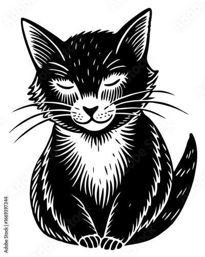 Adorable black kitten with closed eyes and whiskers sits contentedly, exuding warmth and charm.