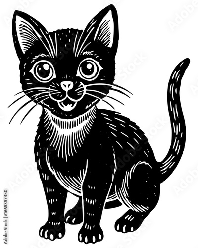 Adorable black kitten with wide innocent eyes, sitting and looking forward, a charming, playful pet.