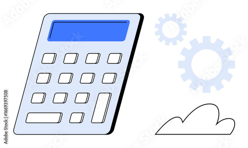 Calculator alongside gears and cloud, blending technology with computation. Ideal for accounting, finance, automation, optimization, cloud computing, teamwork planning. A simple flat metaphor