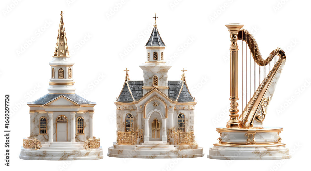 Obraz premium Elegant Decorative Marble Church and Harp Set on Transparent Background