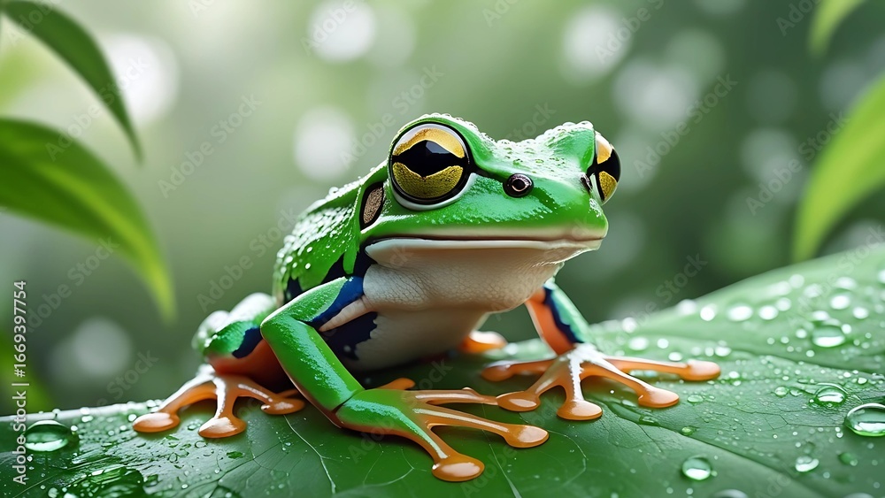 Fototapeta premium Closeup of tropical green frog sitting on wet leaf with raindrops in rainforest, exotic amphibian wildlife photography, fresh nature background for conservation, design and creative projects