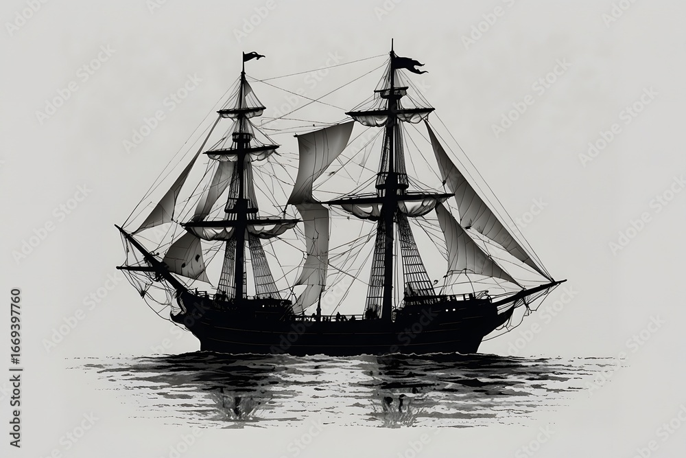 Fototapeta premium Black sailing ship with multiple masts and detailed rigging floating on ocean waters under dramatic cloudy sky, AI generated art