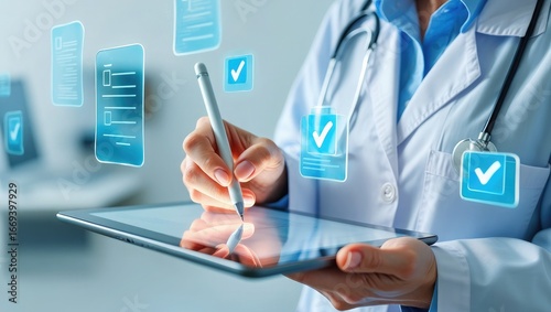 Doctor using stylus on tablet with digital medical records