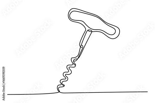 Elegant single line drawing of a classic corkscrew tool for opening wine bottles on a white background