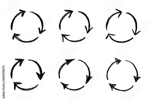 Set of hand drawn recycle arrow icon Recycling resources symbol Reuse of materials, zero waste, green environment, saving the planet