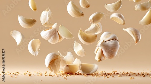 A picture of garlic cloves floating in the air on a beige studio background