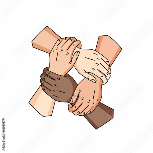 Unity hands vector illustration symbolizing teamwork, diversity, solidarity, equality, cooperation, multicultural support, and human connection