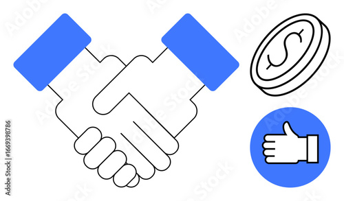 Handshake indicating partnership, coin for financial exchange, and thumbs-up approval icon. Ideal for business trust, partnership, agreement, finances, cooperation, negotiation simple landing page
