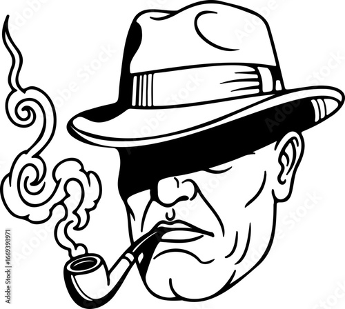 Illustration of a man with a hat smoking a pipe with smoke swirling around him in black and white style