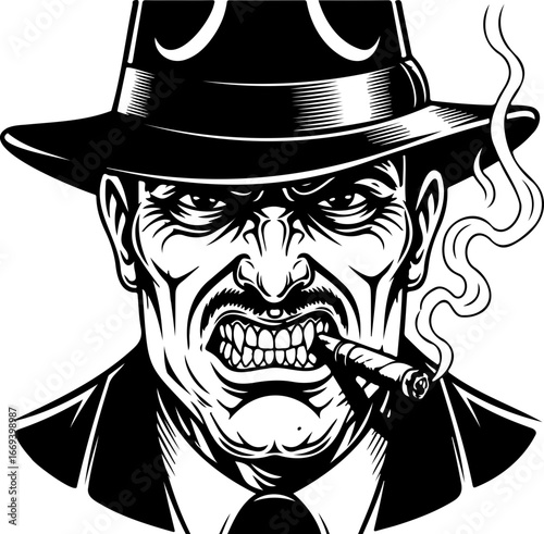 Illustration of a menacing gangster with a fedora smoking a cigar in black and white style art
