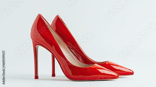 A picture of high heel shoes in red color on a white studio background
