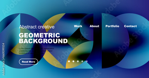 Modern website header design. Abstract shapes, vibrant colors, text overlay, navigation menu present. Clean, professional look.
