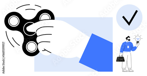 Hand engaging fidget spinner, businessman with idea bulb, and tick mark conveying creativity, focus, success, productivity, problem solving, teamwork innovation. Ideal for modern simple flat