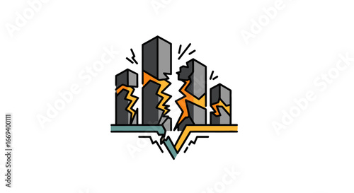 city destruction, earthquake crack, buildings collapsing, disaster, seismic activity, urban catastrophe, crack in earth