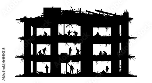 destroyed building, rescue workers searching for survivors amidst rubble and devastation