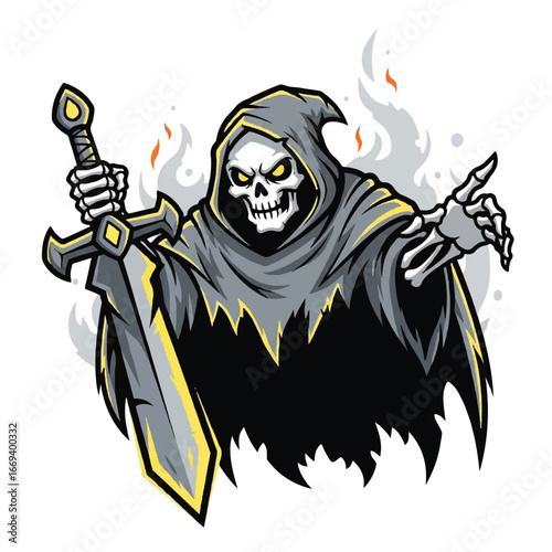 Grim reaper character illustration holding a glowing sword, with fiery background.