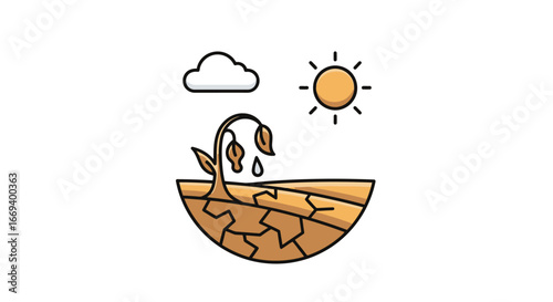 dry cracked earth, wilting plant, sun, and cloud climate change, drought, and global warming concept illustration
