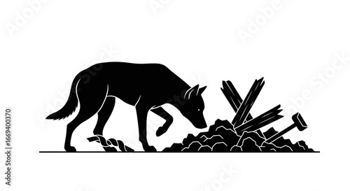 dog silhouette investigating rubble, debris, and broken wood
