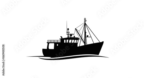 fishing trawler silhouette, sea vessel, ocean boat, maritime, nautical, marine, black icon, illustration, graphic design element