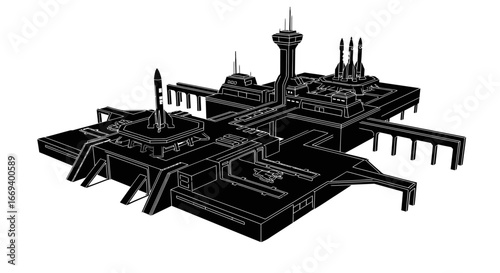 futuristic space station silhouette scifi cityscape, dark architecture, alien design, 3d render, spaceport, tower, rockets
