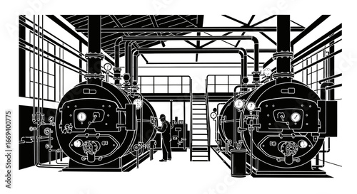 industrial boiler room engineer inspecting large steam boilers and pipes