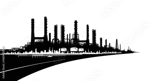 industrial refinery silhouette, factory, power plant, energy, production, manufacturing, petrochemical, black and white illustration