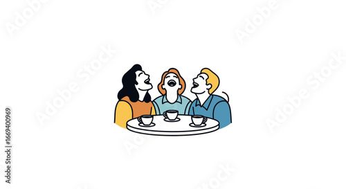laughing friends enjoying coffee together at a cafe, cheerful moment, happy company