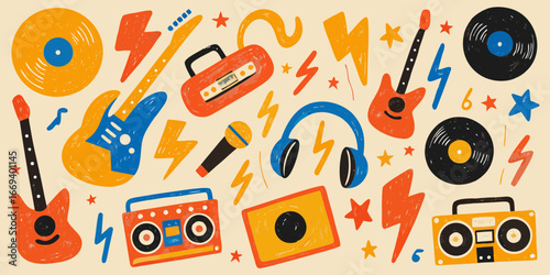 Assorted Retro Music And Entertainment Icons In A Colorful Pattern vintage guitar