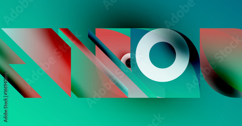 Abstract composition featuring layered shapes, vibrant colors. Turquoise background contrasts with red, white elements. Modern design.