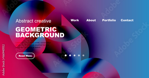 Vibrant geometric background design. Website header features text, navigation, plus read more button. Purple, blue, pink hues dominate.
