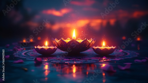 Three lit lotus shaped diyas on a dark reflective surface with scattered petals oil lamp