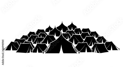 many tents, refugee camp, disaster relief, homeless shelter, black silhouette, emergency housing, temporary settlement, humanitarian aid, camping, survival