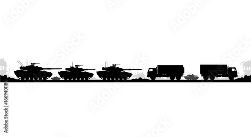 military convoy, tanks, trucks, army, warfare, combat, battle, conflict, war, military vehicles, silhouettes, illustration